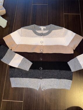 Autumn Cashmere Striped Neutral Button-Front Cardigan Sweater